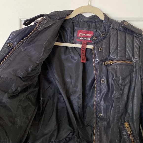 Superdry Women’s Large Navy Leather Jacket with zipper closure and button snaps - Picture 4 of 7